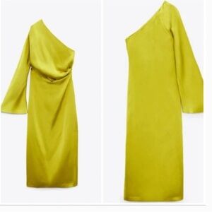 ZARA Satin Effect Asymmetric Dress in Lime Green